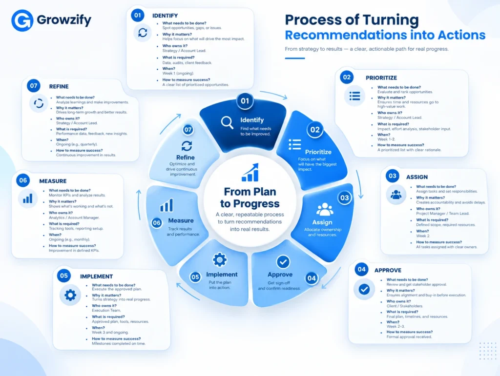 Process of Turning Recommendations into Actions From strategy to results a clear, actionable path for real progress.
